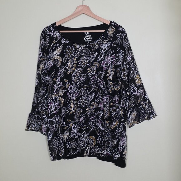 Canda C&A Top Womens L Black Floral Lined 3/4 Sheer Sleeves Lagenlook Whimsigoth - Picture 14 of 15